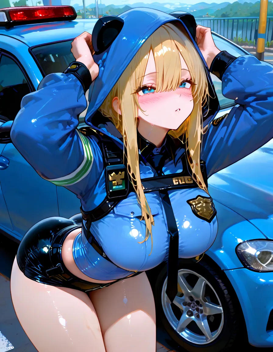Sexy (police woman), (police uniform), bulky (diaper), diapered, beautiful, pleasure, colorful, fantasy, (big breasts), wide hips, blushing, big lips, bimbo, long lashes, (confident), atmospheric, (mood lighting), (confident), seductive, ((mommydom)), (skyscraper), city, police car, smiling, glass windows, colorful, dominatrix, latex