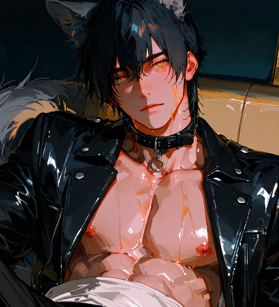 (absurdres, highres, ultra detailed), 1 male, adult, handsome, tall muscular guy, broad shoulders, finely detailed eyes and detailed face, black very long hair, gray eyes, handsome, fantasy, gothic, wolf ears, wolf tail, Sunlight, Fantastic light and shadow, Scenery, portrait, vampire fangs, open mouth, sexy, attractive, full body, tongle, no clothes, no shirt,, Dog Collar, bangs, cute face, sitting on the couch, black leather pants, no shirt