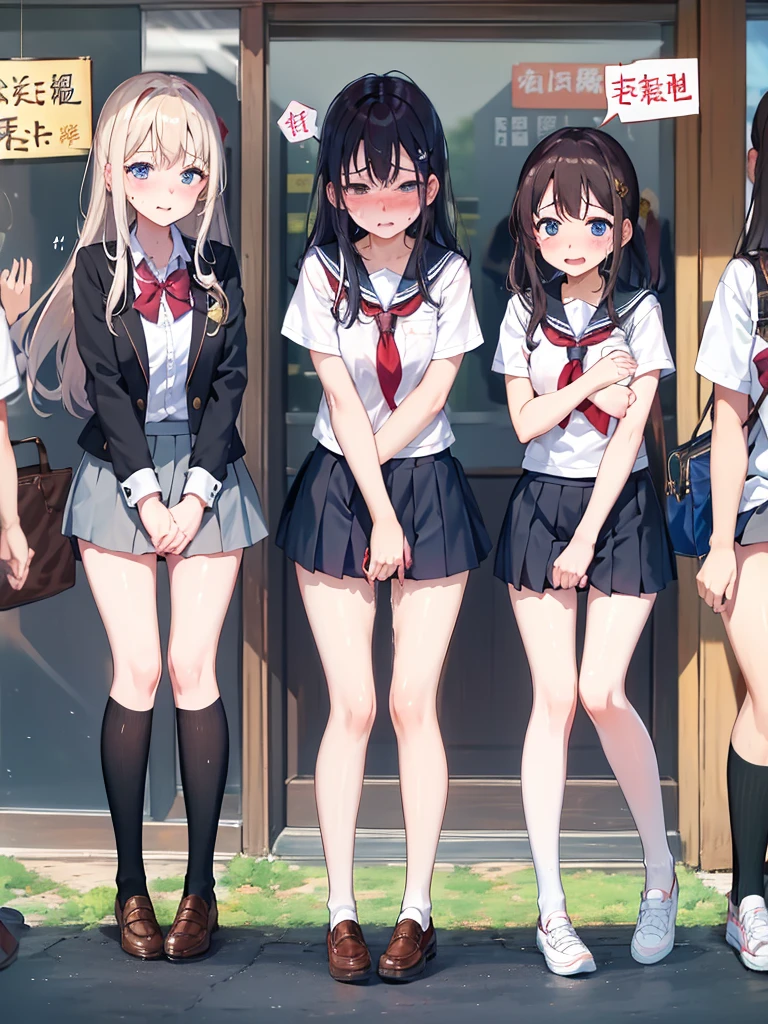 5 girls in grey school uniform with a belt, tottering, screaming, closed eyes, ecchi anime style, detailed full body, thigh-high socks, micro mini skirt, (white panties:1.1), sailor collar, scenery, explosion