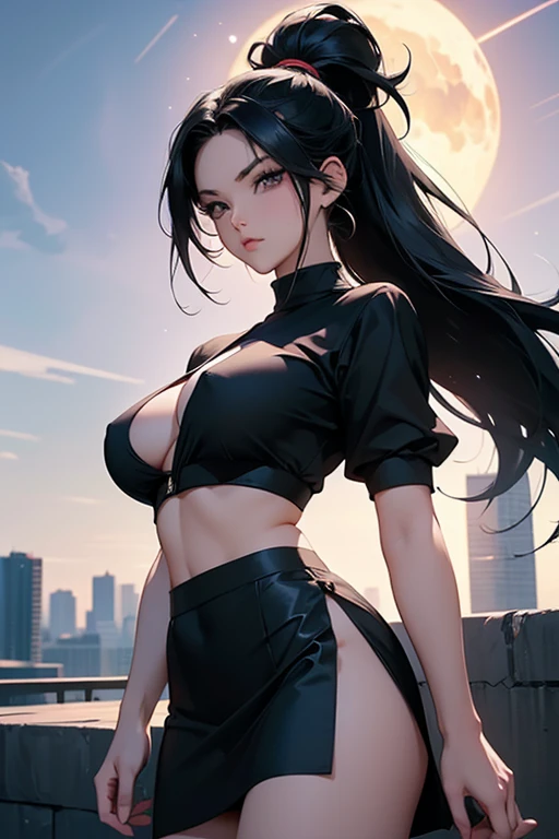 masterpiece, best quality, shadows, perfect hands, perfect legs, perfect anatomy, pretty face, mature features, 1 girl, 21 years old, MILF, mature woman, tight crop top, sexy leather skirt, city night background, white long hair, thighs, ass, breast, seductive, spicy, posing, cinematography lights,