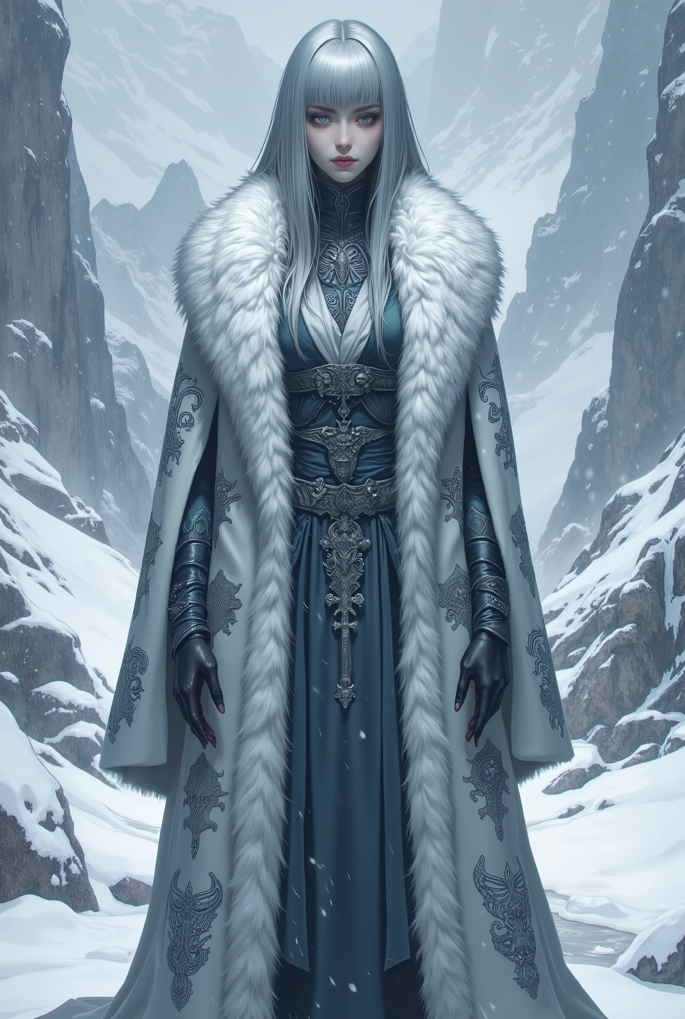 (masterpiece, best quality, ultra-detailed, professional illustration), a full body shot of an elegant female Ascetics with a solemn and sacred temperament, standing in a vast, snowy mountain landscape during a heavy snowfall. She has exquisite facial features, a calm and peaceful expression, short silver-gray hair with thick, long side-swept bangs covering the right half of her face. She is wearing a fantasy-style, floor-length, gray-blue robe, layered with a thick, luxurious white fur coat. The long sleeves are intricately embroidered with patterns of animal skeletons. (fantasy character art, concept art, cinematic lighting, epic composition, beautiful and detailed, perfect anatomy, five fingers).