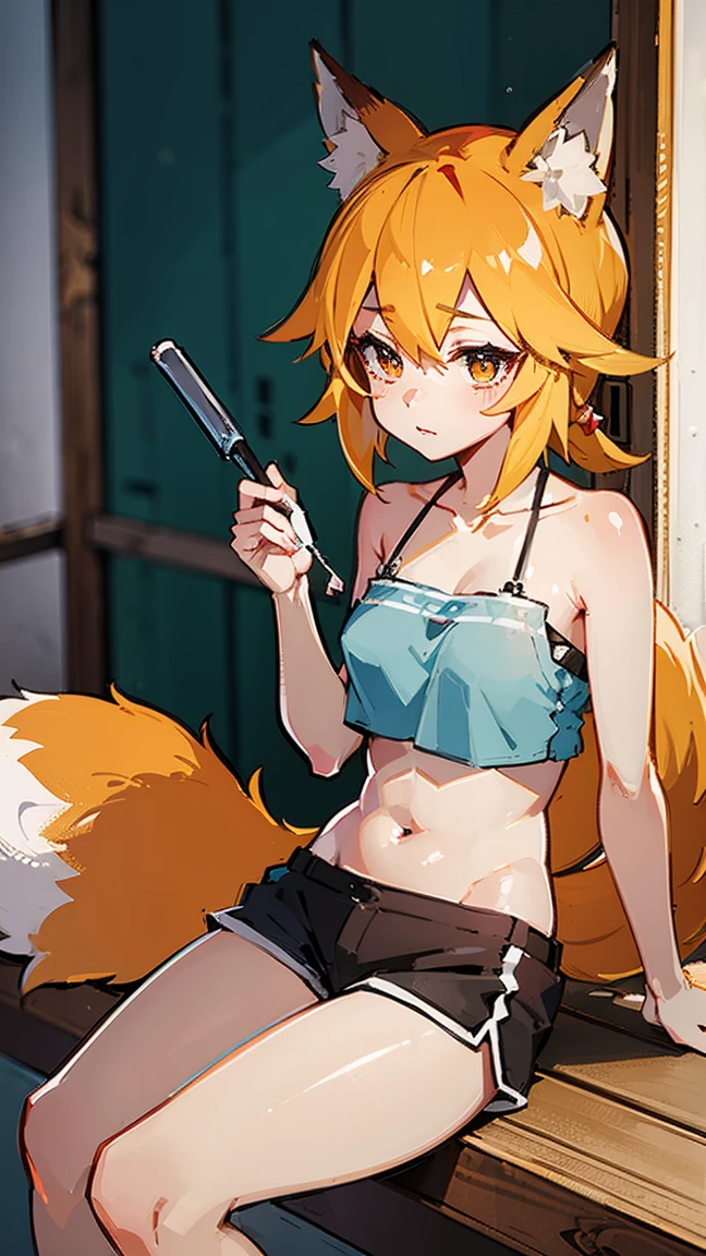 1girl, animal ears, breasts, tail, solo, open mouth, swimsuit, blue eyes, bikini, long hair, cleavage, holding, smile, sandals, looking at viewer, large breasts, fang, visor cap, animal ear fluff, water gun, blonde hair, anklet, thigh strap, jacket, white headwear, jewelry, fox tail, weapon, holding weapon, full body, symbol-shaped pupils, twintails, thick eyebrows, :d, hair between eyes, collarbone, eyebrows visible through hair, bare shoulders, hat, fox girl, white bikini, very long hair, off shoulder, bangs, gloves, yellow jacket