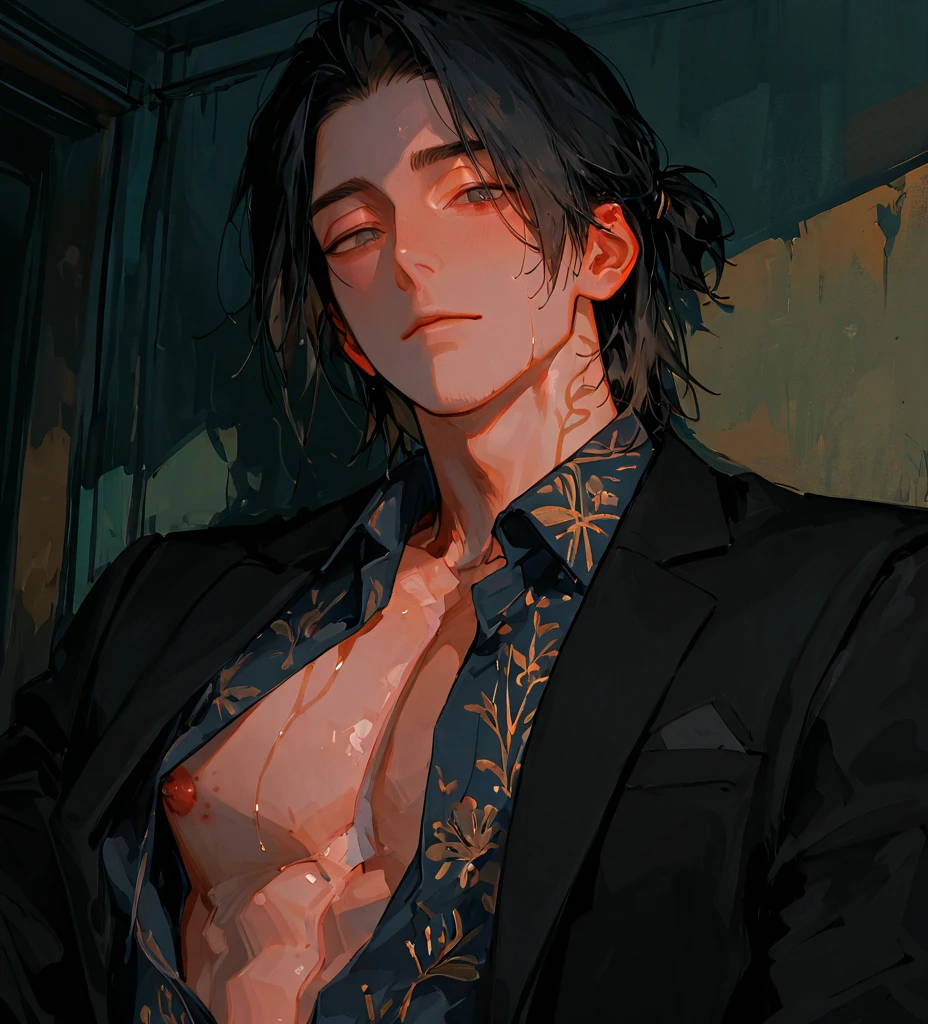 1 boy, handsome, strong, delicate black shirt, sitting on the sofa, looking at the screen, delicate eyes, long silver hair, wearing red fringed earrings, gorgeous accessories, asymmetric bangs, red eyes, contemptuous expression, sitting next to a Doberman, official art illustration, masterpiece, 4k,