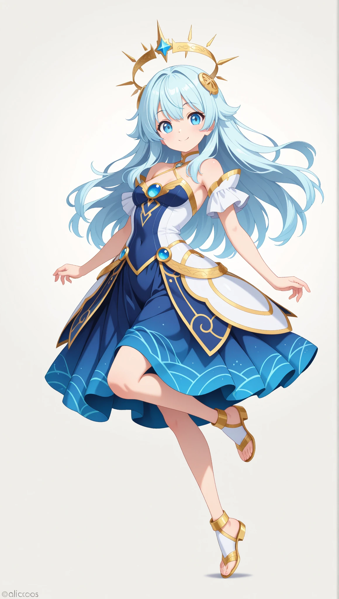 Human Wayneval Pokemon; big breasts;full body;Costumes inspired by Val Pokemon;female;blue clothes;blue hair;light blue eyes;dancer;background white;No background