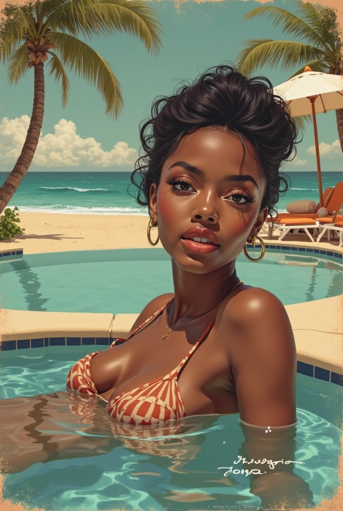 Toffee color skin, beautiful toffee mixed woman with long blond curly hair flat bat and extremely detailled clear yellow eyes, She is lying on her back in the water, next to the swing and she hides her face with an exotic flower in the turquoise sea, there are multicolored flowers hanging on the swing, she wears a brown golden mesh swimsuit top with a brown golden mesh skirt, she wears a beautiful pair of gold earrings, She is lying on her back in the water, next to the swing and she hides her face with an exotic flower