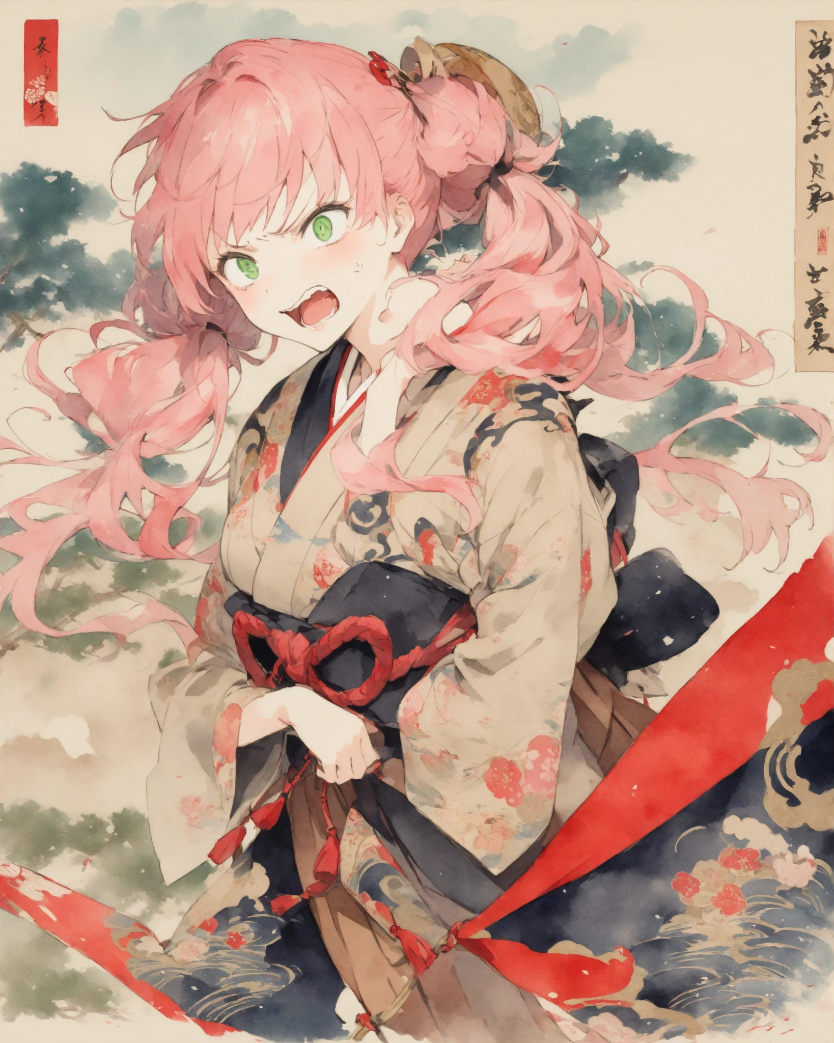 High Quality、High Quality、woman in hakama 、solo、(Aikawa Megumi )、 pink hair、green eyes、(raised eyes)、(angry face)、long hair、half twin tails、bungs、Anatomically Perfect and Accurate 、Ukiyo-e style、Japanese Garden、Yoshitaka Amano、 Oil & Watercolor