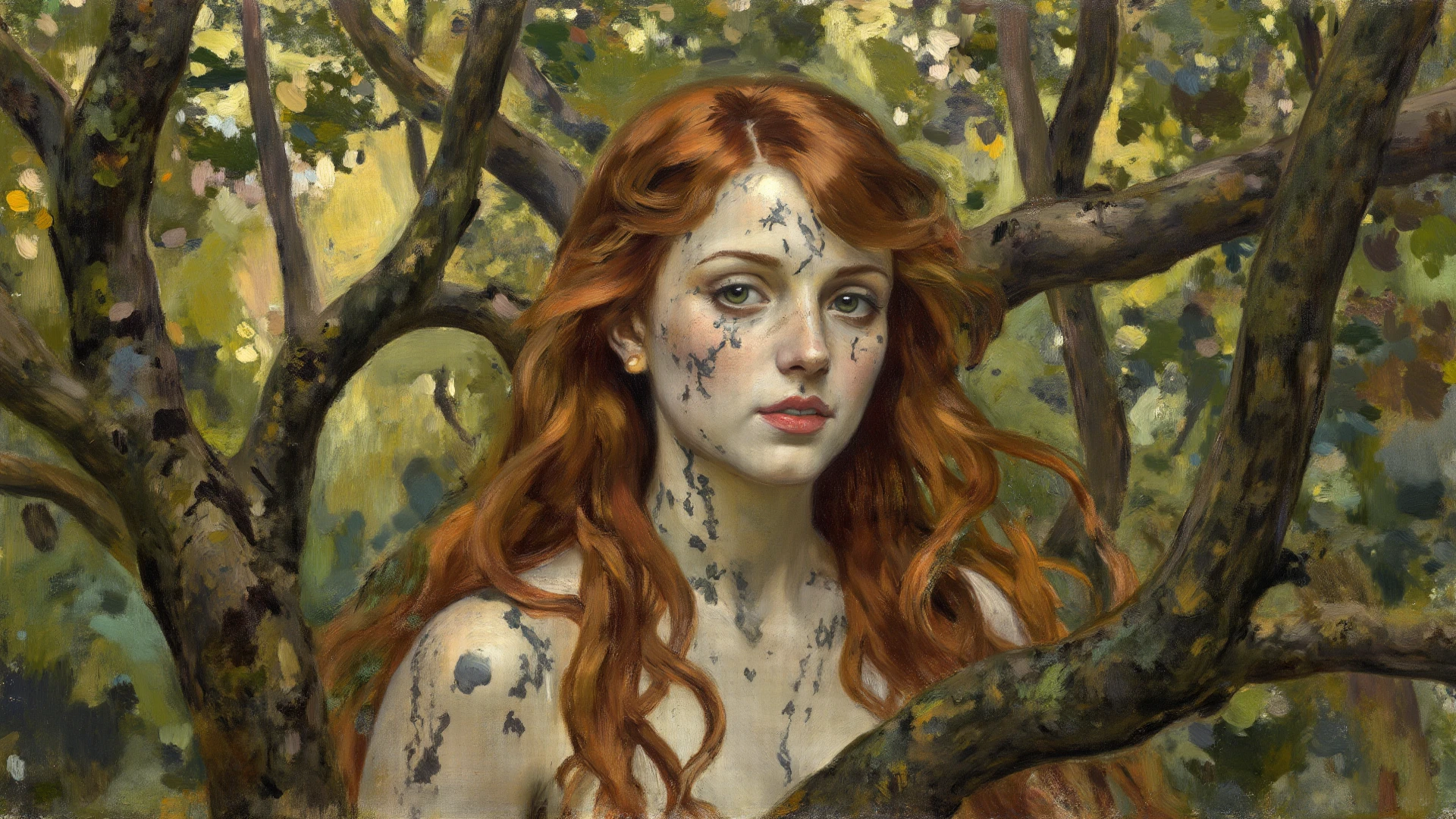 painting of a naked pale skin muscular teenaged redhead girl with huge breasts in a classical setting, featuring intricate details in her delicate facial features, graceful posture, and soft flowing hair, surrounded by lush greenery and soft dappled light, in the style of William-Adolphe Bouguereau, capturing the essence of beauty and realism