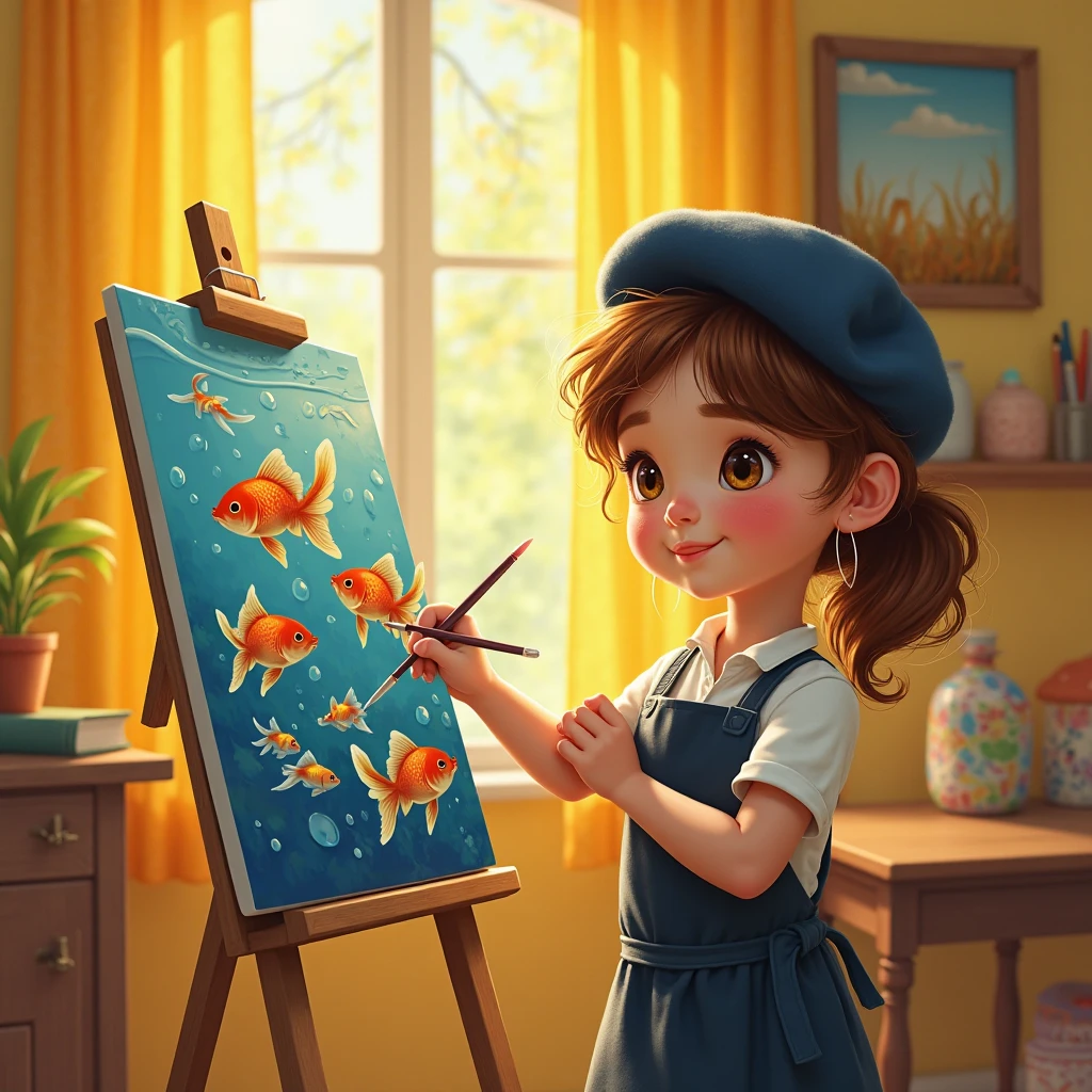3d pixar style animation, 18 year old girl, artist, white skin, light brown hair, painting a landscape on a canvas, surrounded by kittens in the room, with an aquarium with koi