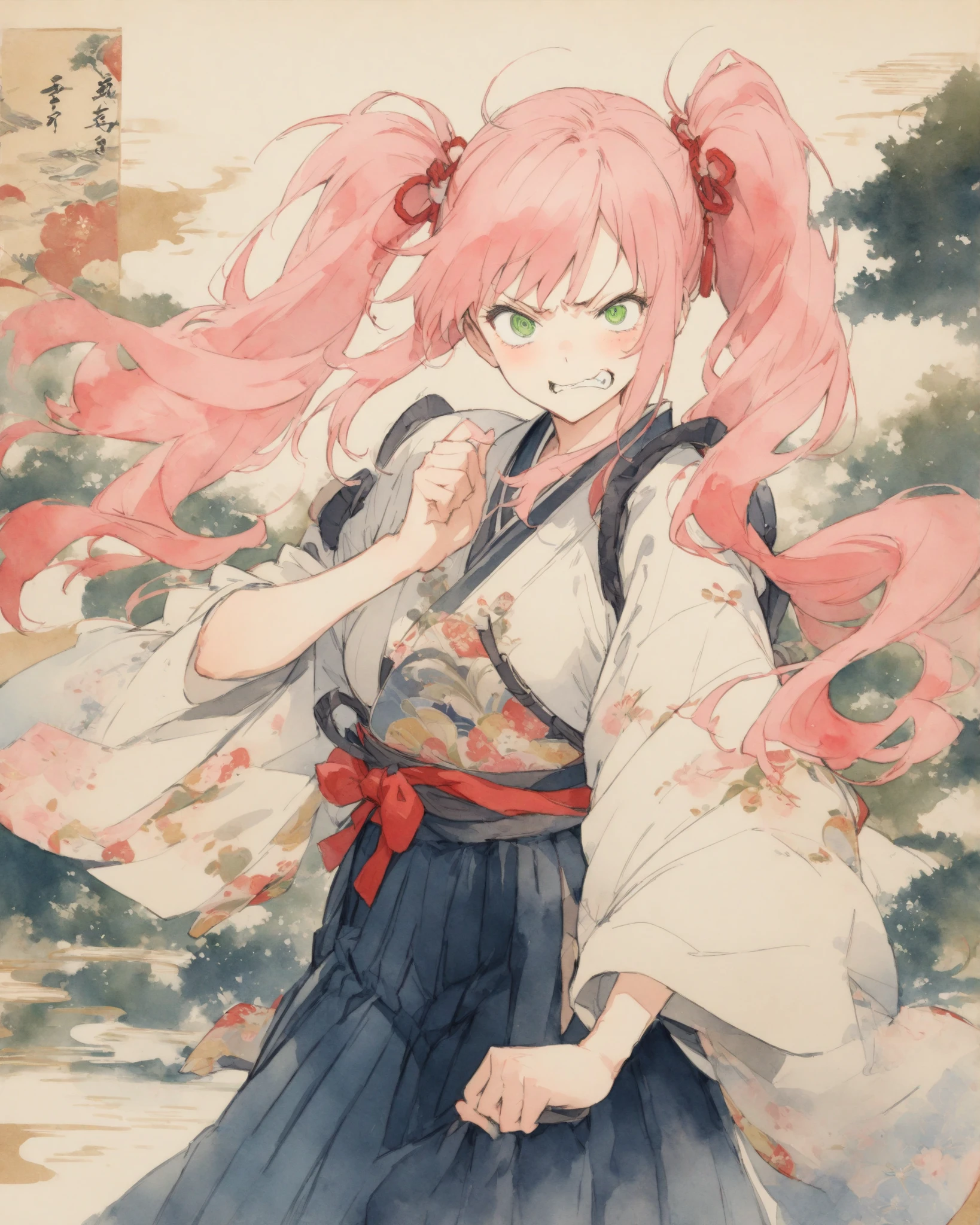 High Quality、High Quality、woman in hakama 、solo、(Aikawa Megumi )、 pink hair、green eyes、(raised eyes)、(angry face)、long hair、half twin tails、bungs、Anatomically Perfect and Accurate 、Ukiyo-e style、Japanese Garden、Yoshitaka Amano、 Oil & Watercolor