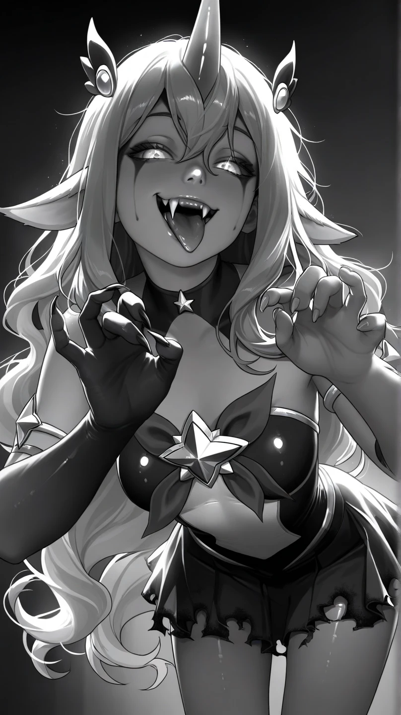 score_5_up,score_6_up,score_7_up, 1girl, solo, claw pose, long blonde hair, red eyes, smile, open mouth, fangs, head wings, bat wings, black leotard, black cape, breasts