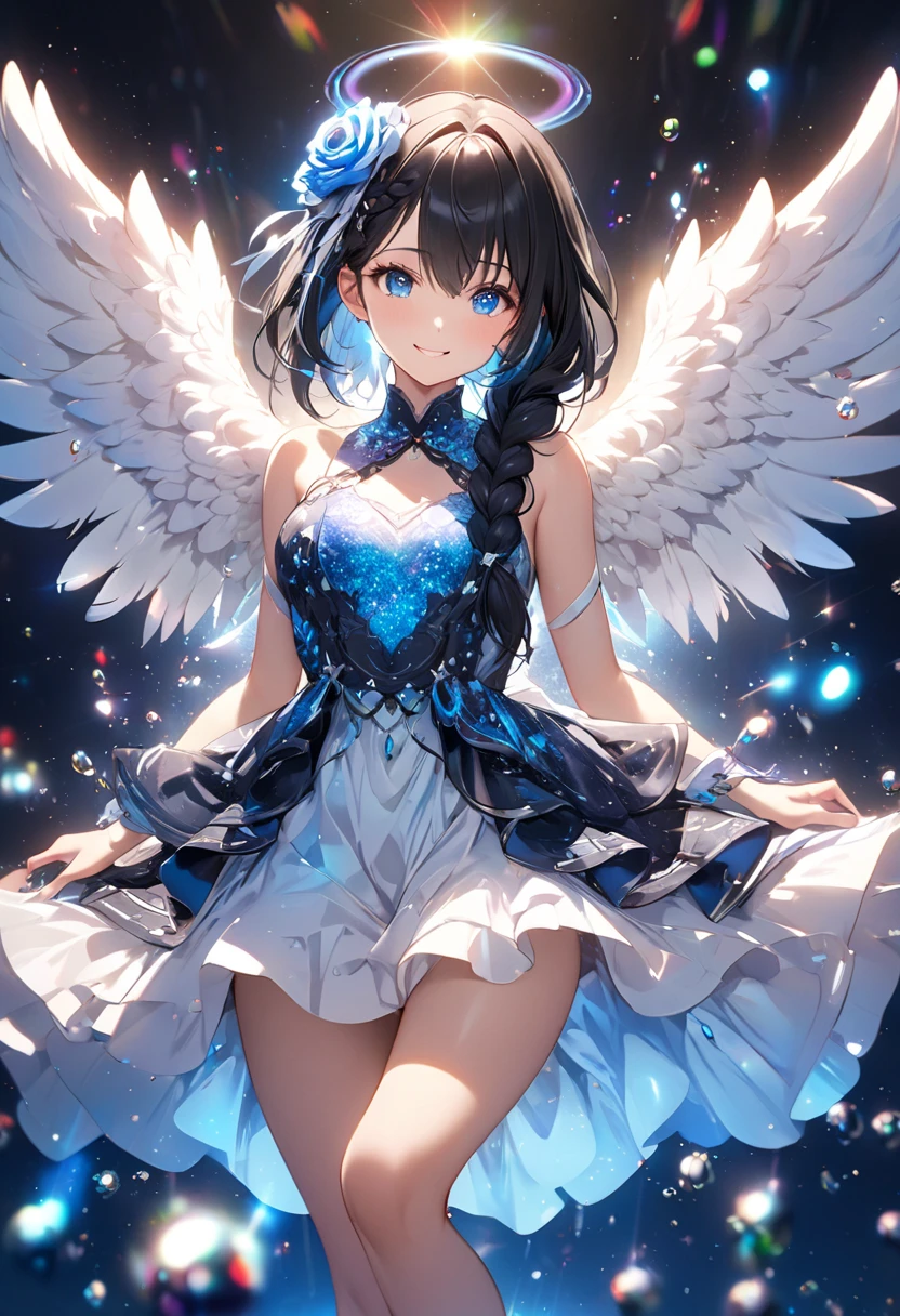 Highest quality,Highest Resolution,Beautiful girl with angry face in maid leotard,Frills,High leg,(((Floating in the air))),Halo,(((universe space))),Milky Way,meteor,Very beautiful eyes,(((White angel wings on the back))),whole body,long hair,(((Shoot a bow))),Knee-high stockings,Floating in the air,