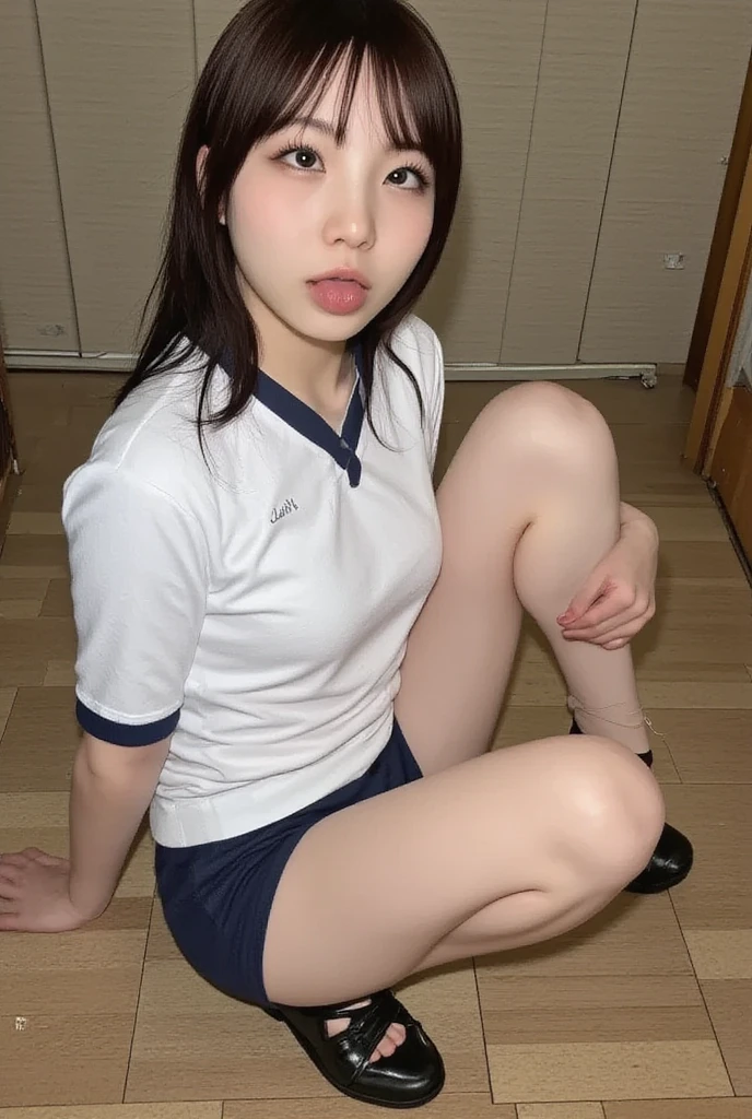 anime girl sitting on the floor with a bottle of water, anime girl drinks energy drink, beautiful anime girl squatting, the anime girl is crouching, smooth anime cg art, seductive anime girl, cute anime girl, attractive anime girl, a hyperrealistic , young anime girl, anime visual of a cute girl, (anime girl), beautiful anime high school girl,,smile,(small brests:1.2),(skinny:1.2),