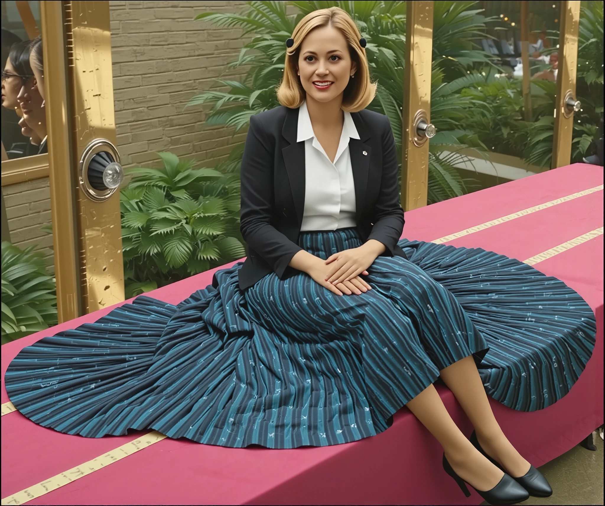 In this emotive photography, in the heart of a luxurious, vintage-inspired interstellar office, a demure, shy, mature therapist with breathtakingly large breasts and aroused nipples exudes an irresistible allure. She smiles, showing her desire for intimacy. Draped in a sharp uniform jacket that accentuates her ample cleavage and a soft, flowing blouse, she epitomizes a fusion of old-world charm and futuristic sophistication. Her long skirt, meticulously tailored with intricate pleats, glides gracefully across the gleaming metal floor, a visual symphony of textures. The spacecraft's retro-futuristic design intertwines with ergonomic elegance, setting the stage for a captivating encounter. The atmosphere is suffused with a warm, golden glow, reminiscent of a Portra400 or Vision3 200T/500T film photograph, which casts an intimate, soft focus haze around the room, emphasizing the richness of her features. Her delicate glasses, perched on the bridge of her nose, reflect the mesmerizing dance of cosmic bodies beyond the starlit windows, a silent serenade to the erotic tension that builds.