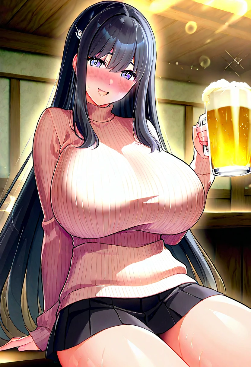 score_9, score_8_up, score_7_up,score_6_up, score_5_up, score_4_up , (hyper breasts:1.3), large areolae, 1girl, solo, (dark skin:1.1), big lips, makeup, black hair, dreadlocks, thick eyebrows, hair between eyes, White Dress, White leotard, see-through, white choker, thigh boots, breasts apart, sitting,crossed legs, bar \(place\), neon lights, light particles, annoyed, half-closed eyes, dim_lighting,