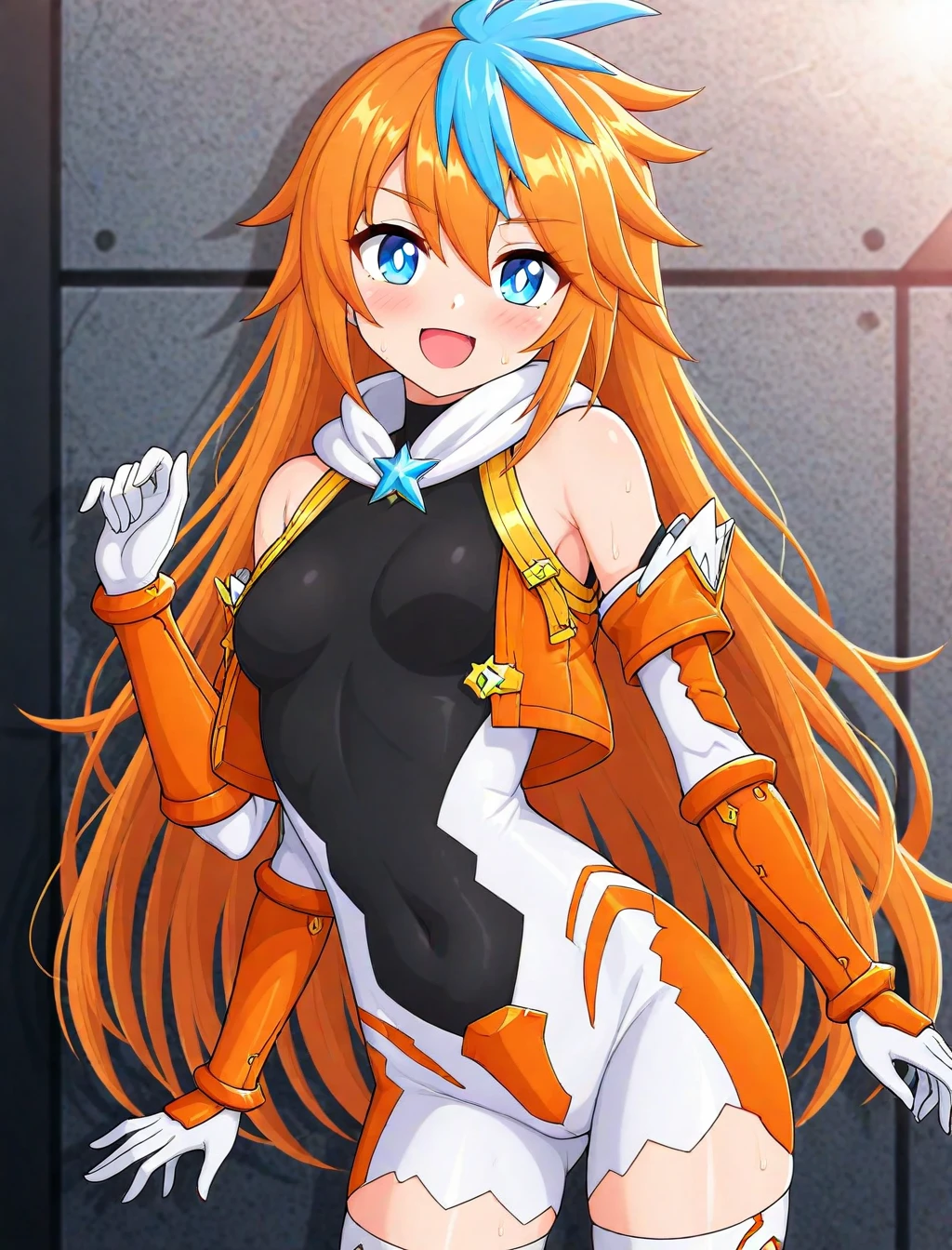 orange heart, 1girl, solo, breasts, twintails, orange hair, long hair, blue eyes, looking at viewer, power symbol, symbol-shaped pupils, bare shoulders, blush, smile, open mouth, gloves, medium breasts, elbow gloves, leotard, white gloves, dynamic pose, (outdoors), <lora:OrangeHeart:0.7>