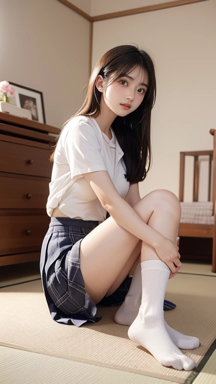 Place your hands on your knees、((White panties are visible))、(Squatting panchira)、double eyelid、Perfect Fingers、Perfect Proportions、huge 、eyelash、Place your heels on the ground、Beautiful and delicate eyes、Very fine、High resolution、Transcendental beauty、Highest quality、masterpiece、((Japanese high school girls uniform))、Extremely detailed representation、School classroom、Highly detailed appearance、18-year-old girl、Positive、(((Dynamic Pose)))、((Sit with your knees bent))、Sexy upward glance、Low angle、(((White panties are visible)))、M-shaped leg pose