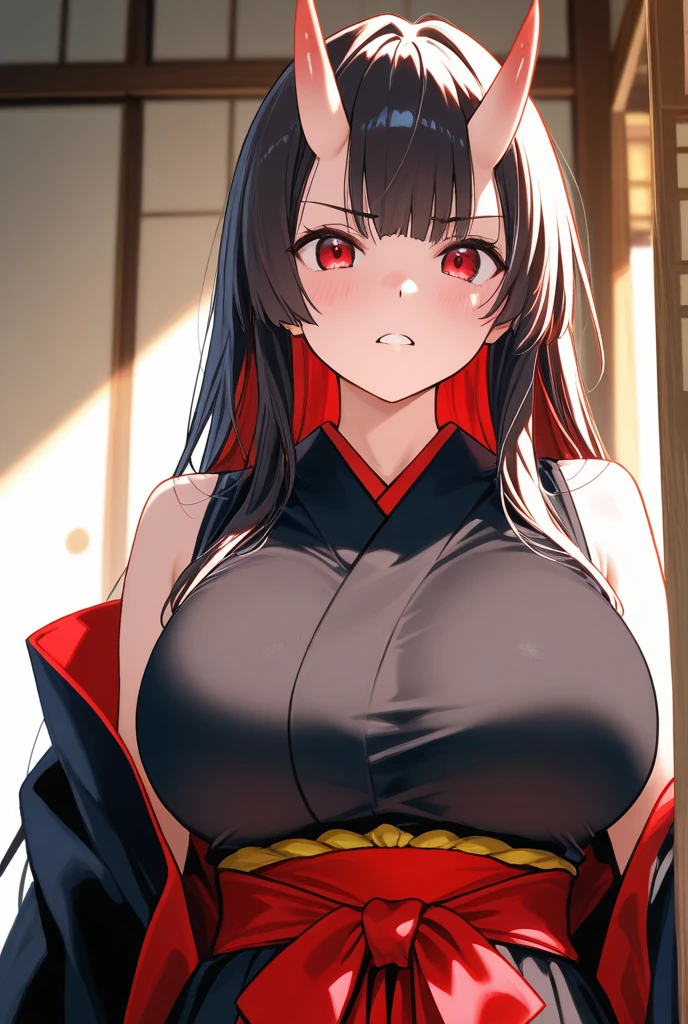 Yamashiro,1girl,blush,((smirk)),open mouth,half-closed eyes,heavy breathing,black hair,red eyes,lash-grazing bangs,long sidelocks hair,solo,fox ears,fox girl,fox mask on the head,detached sleeve,skin fang,((kimono)),black kimono,wide sleeves,2legs,sideboobs,hand up, flipped hair,armpit, sweating,upper body,armpit focus,hand behind head,two fox ears,white background