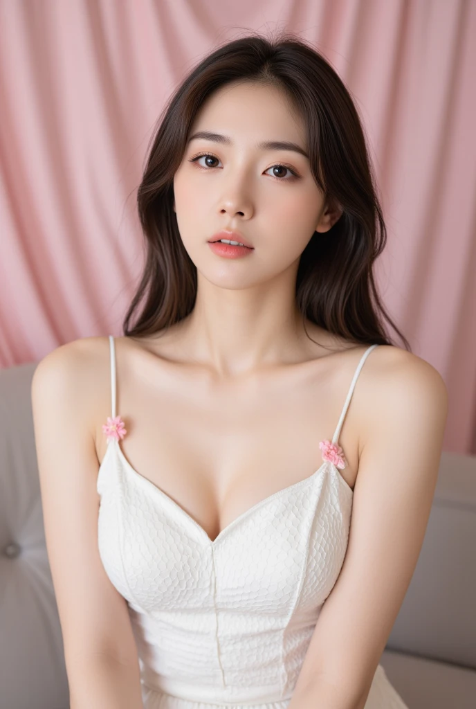 Dark brown hair、Light brown eyes、Japanese actress、 Lady、I am about 40 years old....、(Intricate details:1.2)、(Which is the top????:1.4)、 (Ultra-high resolution:1.2)、Ultra-high resolution、(Finely tuned)、(Detailed facial features)、Hmph、8K resolution、D cup size breasts、Long Hair、Updostyle, Updo、Hair Bun、1 Girl, Deep sorrowの表情, (Very detailed美しい顔), (camisole:1.5), (Bare shoulders:1.3), (Highest quality:1.4), (Very detailed)、Beautiful fair skin with transparency, Top View、 Please open your mouth a little、Her legs are visible through the dress、Deep sorrow、Pose of Weakness、Obscene pose、White floor、White wall、The morning sun shines in、Lean on、