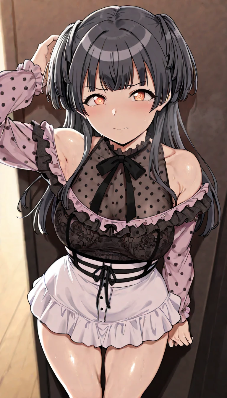 Hands behind back,side view,eye-level shot,face focus,open mouth,tongue out,cum on tongue,lick,(1girl,Beautiful 16 year old girl),((Slender,Small breasts,Baby Face,Small face,)),looking at viewer,Black Hair,bangs,two side up,Gray Eyes,Drooping eyes,slit pupils,narrow eyes,Sheer black and light green negligee,Sexy Lingerie,Black collar with leash,Beautiful and detailed anime art,Mischievous smile,Dimly lit room,Simple Background,Gray background,Low lighting