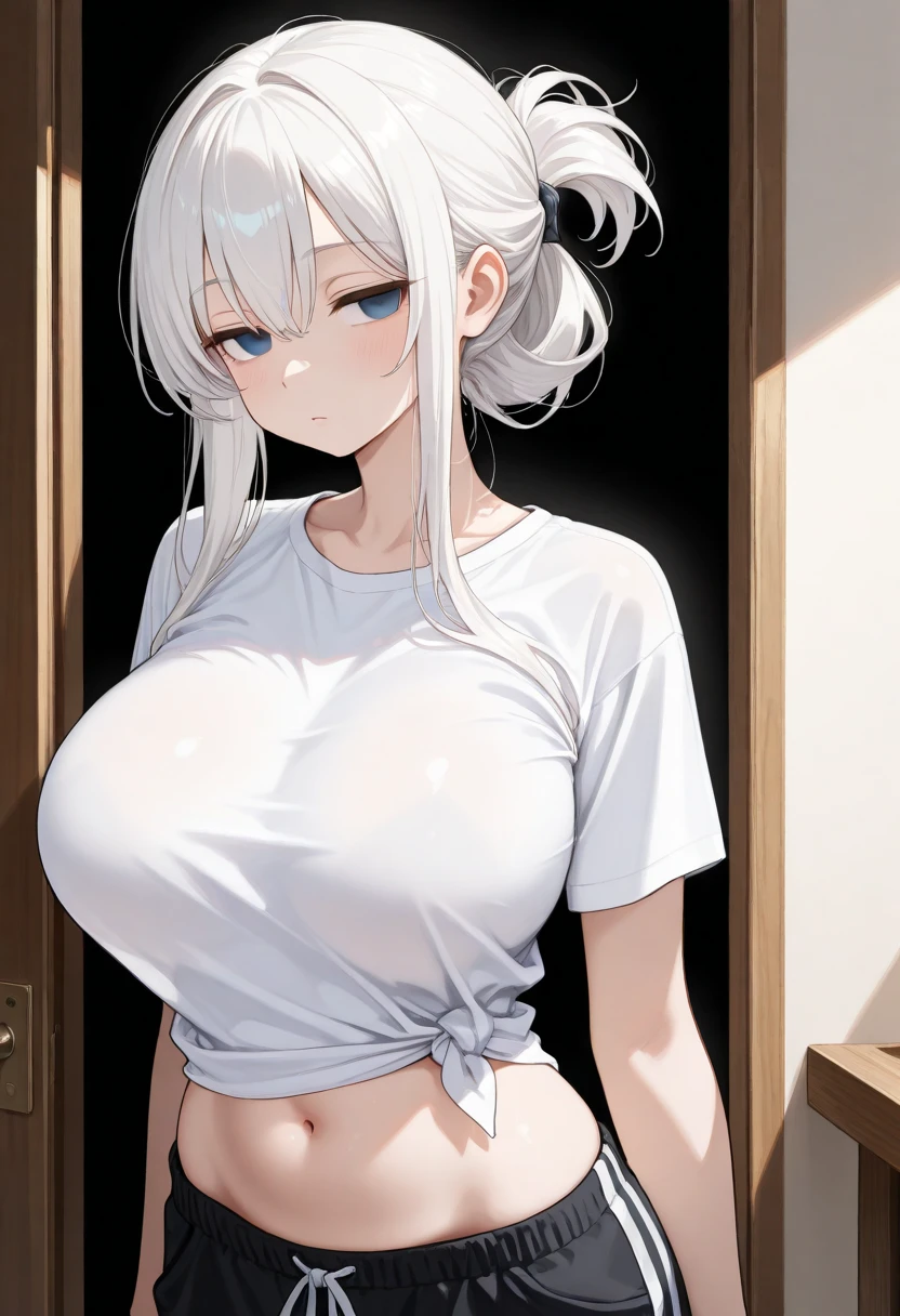 (Uhd, Masterpiece, Textured Skin, Super Detail, High Details, High Quality, Best Quality), Detailed Face, 1woman, mature pretty woman, (Huge Body:1.5), (Silver hair tied in a bun, long hair), (Short black top shirt, Denim shorts), standing, six pack, (Dynamic lighting:1.5, very high quality)