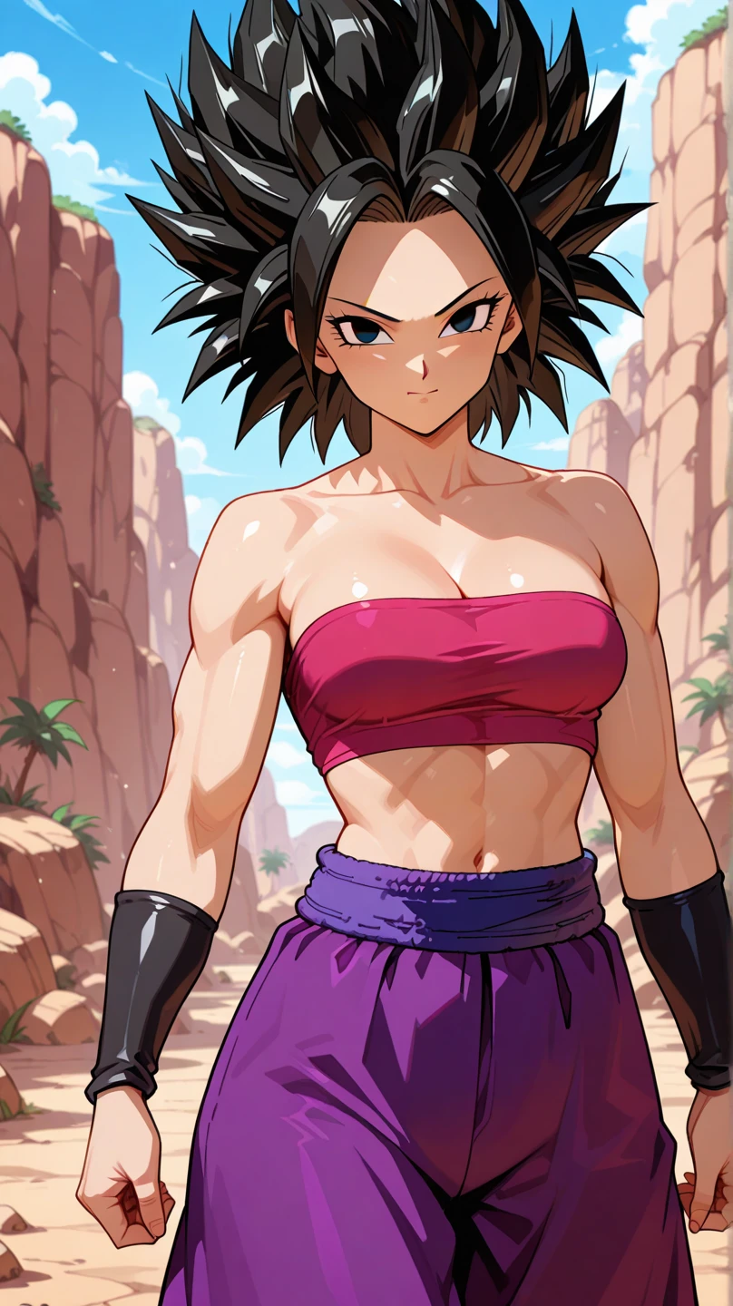 masterpiece, best quality,  defcaulifla, black hair, black eyes, tube top, purple pants, bracers, looking at viewer, smirk, furrowed brow, smile, green sky, mountains, rock formations, from above, standing, close-up