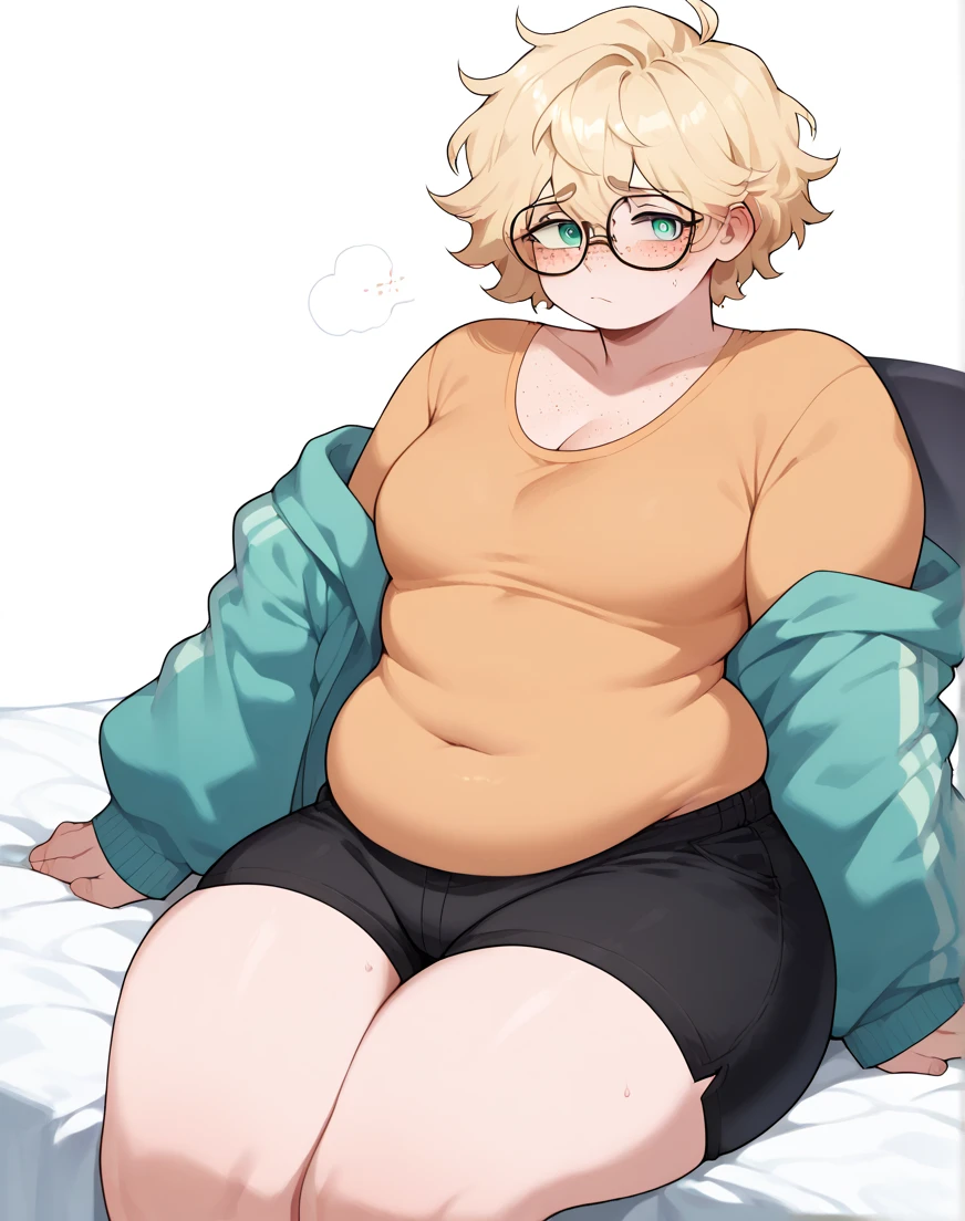 ((Masterpiece)), perfect anatomy, perfect shading, field of depth, (best quality), extremely delicate and beautiful, perfect lighting, detailed face, ultra cute face, cute, (cowboy shot 1.2), turned to the side, (((1girl))), ((solo)), looking at viewer,

short hair, fluffy hair, blonde hair, blue eyes, Glasses, ((Blush)), shy, nervous, sweating, (black turtleneck sweater 1.5), (jeans 1.2), belt, extremely tight clothes, medium breasts, ((wide hips)), ((thick thighs)), ((chubby)), chubby belly

coffee shop, sitting, intricate background, detailed background,
