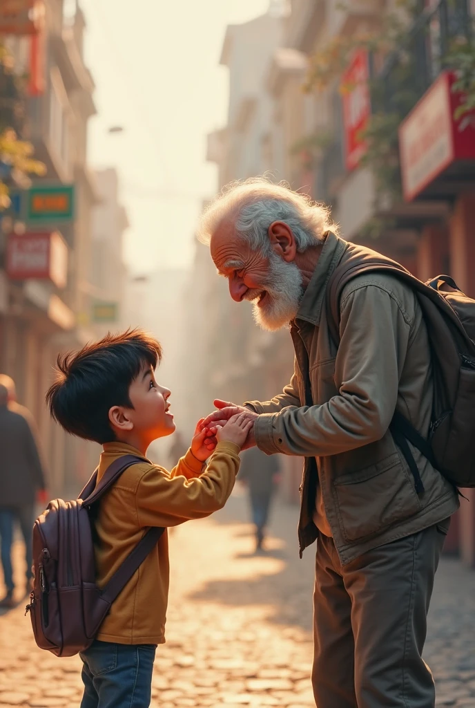 Image of a child on the street outside a park giving a coin to a homeless man