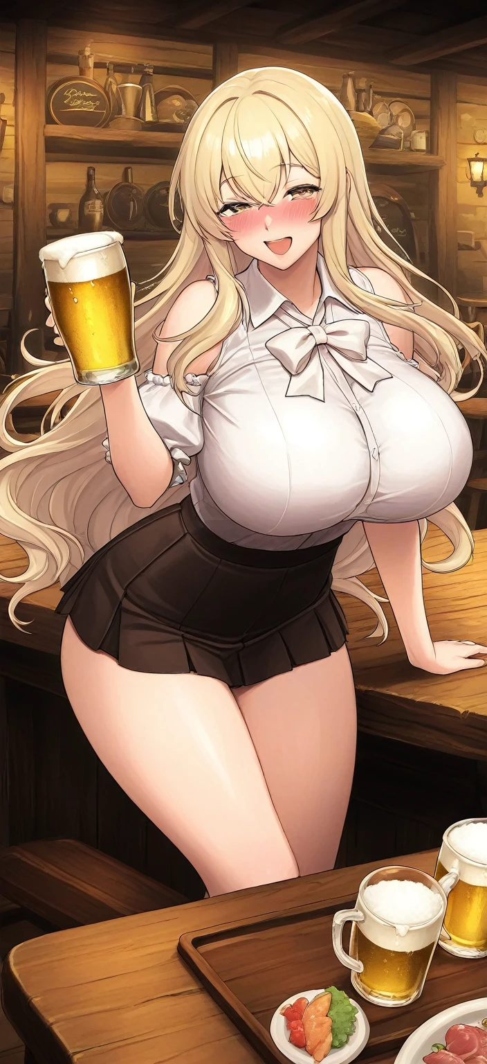 nsfw, masterpiece, Highest quality, High resolution, Lucy Heartfilia, Blonde, Long Hair, Side Ponytail, Blue Ribbon, Large Breasts, tits, Earrings, High Boots, Nipples, belly button, Short hot pants, denim shorts, gao, stable,walking, Beer mug, Several men, Being watched by men, Spread your legs,((A man grabs my thighs)),(Sweat:1.5) ,Embarrassing,Red cheeks