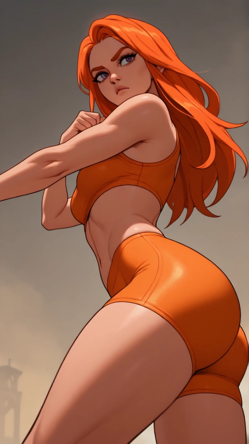 view from behind、show your butt、The emphasis is on the butt、actual、Super high chroma、8k、Long red hair(((30 year old woman)))、((((She was wearing a black and orange competition swimsuit。))))、competitive swimmer、big breasts、Thick thighs、Pay attention to muscle development。競泳プールolympic Comcompetitive swimmerics stadium 美しい顔, Highly detailed face and skin textures, (Eyes have small wrinkles, double eyelids, thin eyebrows, glitter eyeliner: 1.2, natural cheeks, skin shiny, White skin,, (glossy lips: 1. 4),Sweating 1.0、(((vitality)))