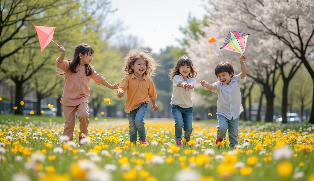 Chinese children on a windy day, Enjoy the wind, Have a great time, Kite, Windy weather, On the big lawn,rotate, run, Play, On a sunny day, The wind is blowing, Warm and convivial atmosphere, childhood, childhood memory, In the park, Play very happily, carefree, children