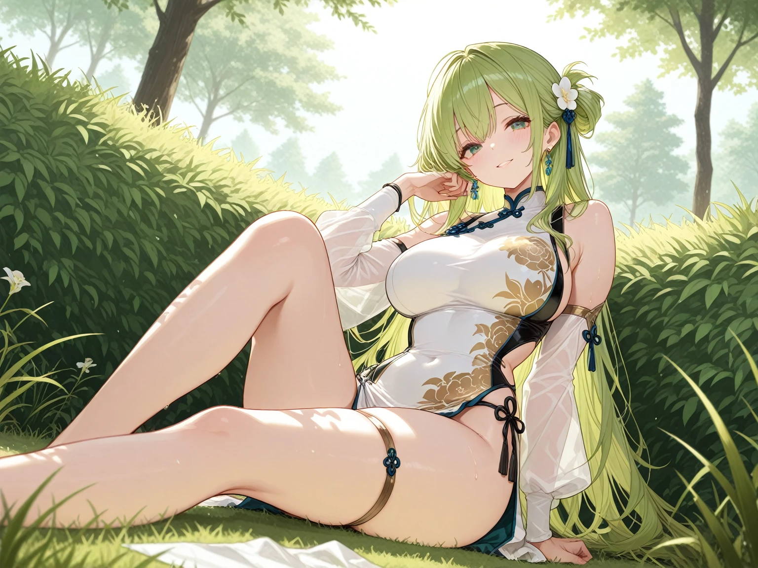 (Masterpiece, Best quality, Extremely detailed CG, Beautiful detailed eyes, Ultra-detailed, A high resolution, Intricate details:1.3), 8K wallpaper, (elaborate features:1.2), (1girll, Solo:1.3),
(Realistic textures:1.4), Cute, (Vibrant colors, Dynamic lighting:1.2), (High contrast:0.9), in a panoramic view,
(Delicate strokes:1.3), (Glossy glossy skin:1.1),
one-girl,Full-figured, Raised sexy,Dark green hair, long whitr hair, Long legs, naked leg, The barefoot, transparent long sleeves, Lying on the lawn, Hair ribbon, Chiaroscuro, hyper HD, ccurate, ccurate, High details, Best quality