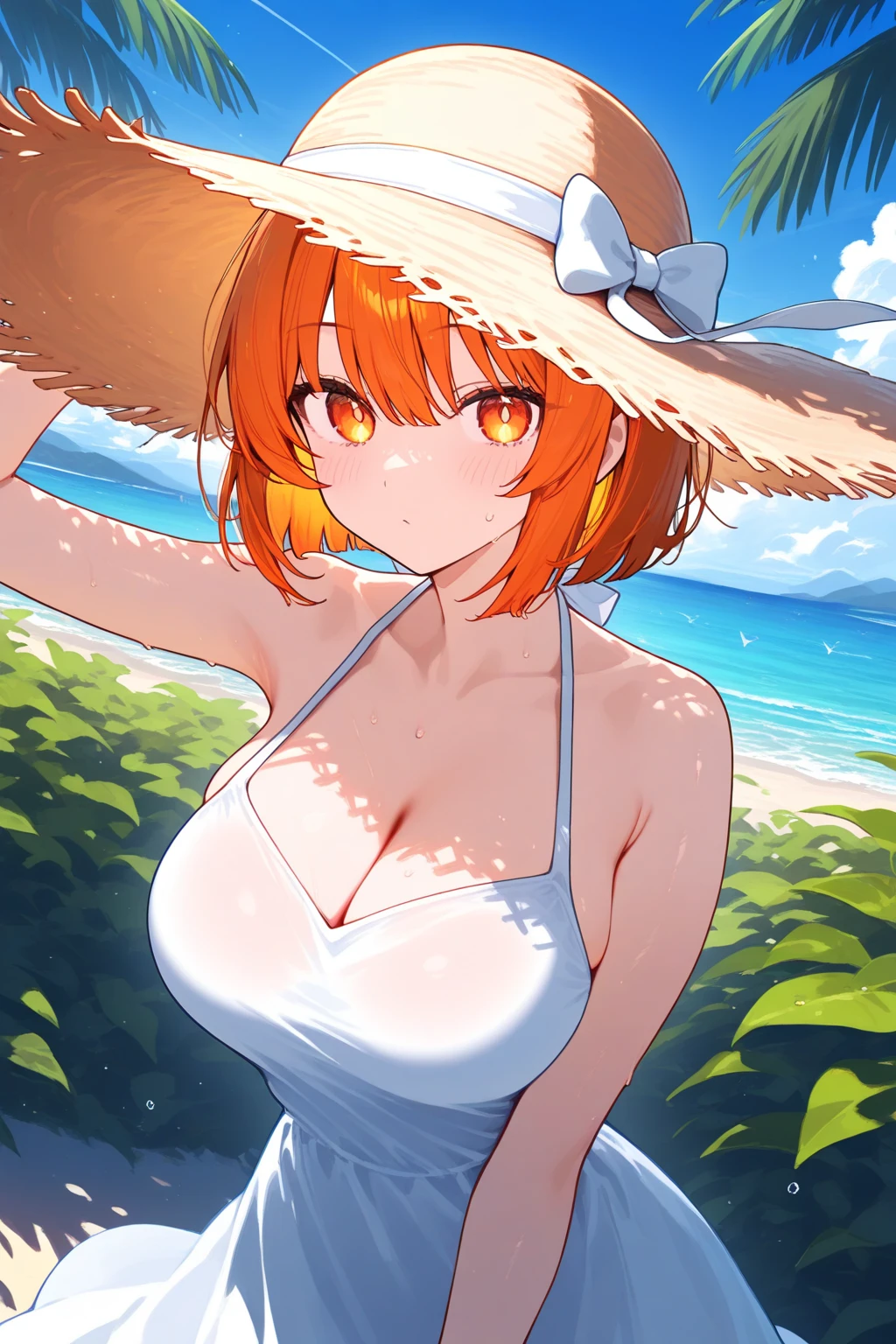 (masterpiece), best quality, expressive eyes, perfect face, 1girl, solo, tomboy, mature female, big breasts, short hair, Cleavage, orange hair BREAK hair buns, double buns, brave smile, looking at viewer, standing, blue eyes BREAK sling bikini top, white bikini BREAK standing, sunset sky, orange sky, palmtree, grass, coast, open mouth, hands on hips
