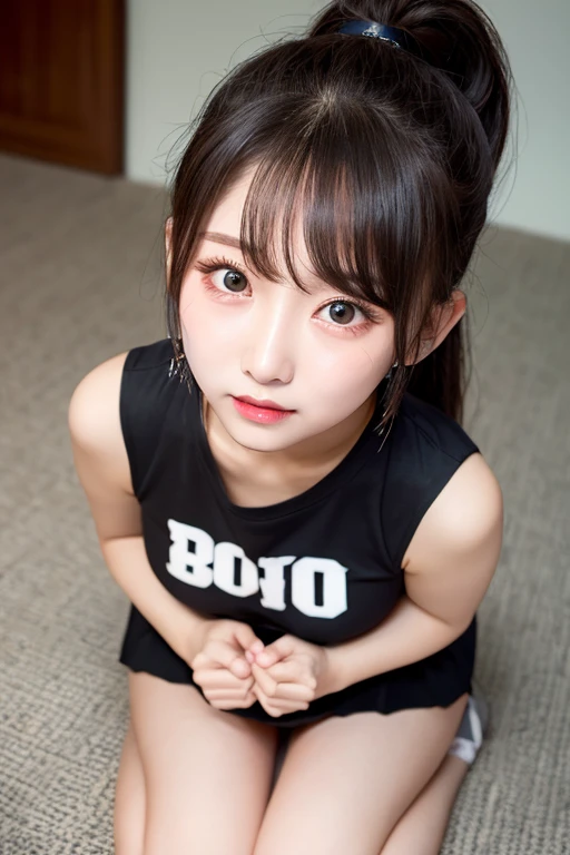 ollarbone,black t-shirt,off-shoulder look,bare shoulder,midriff peek,micro shorts,open mouth,(tongue out:2),cum on tongue,standing,Kneeling,Selfie,looking ahead,from above,flont view,upper body,(1girl,Beautiful 14 year old girl),((Slender,Small breasts,Small face,)),looking at viewer,Black Hair,bangs,one side up,Beautiful and detailed,Mischievous smile,Dimly lit room,Simple Background,Black background,Low lighting
