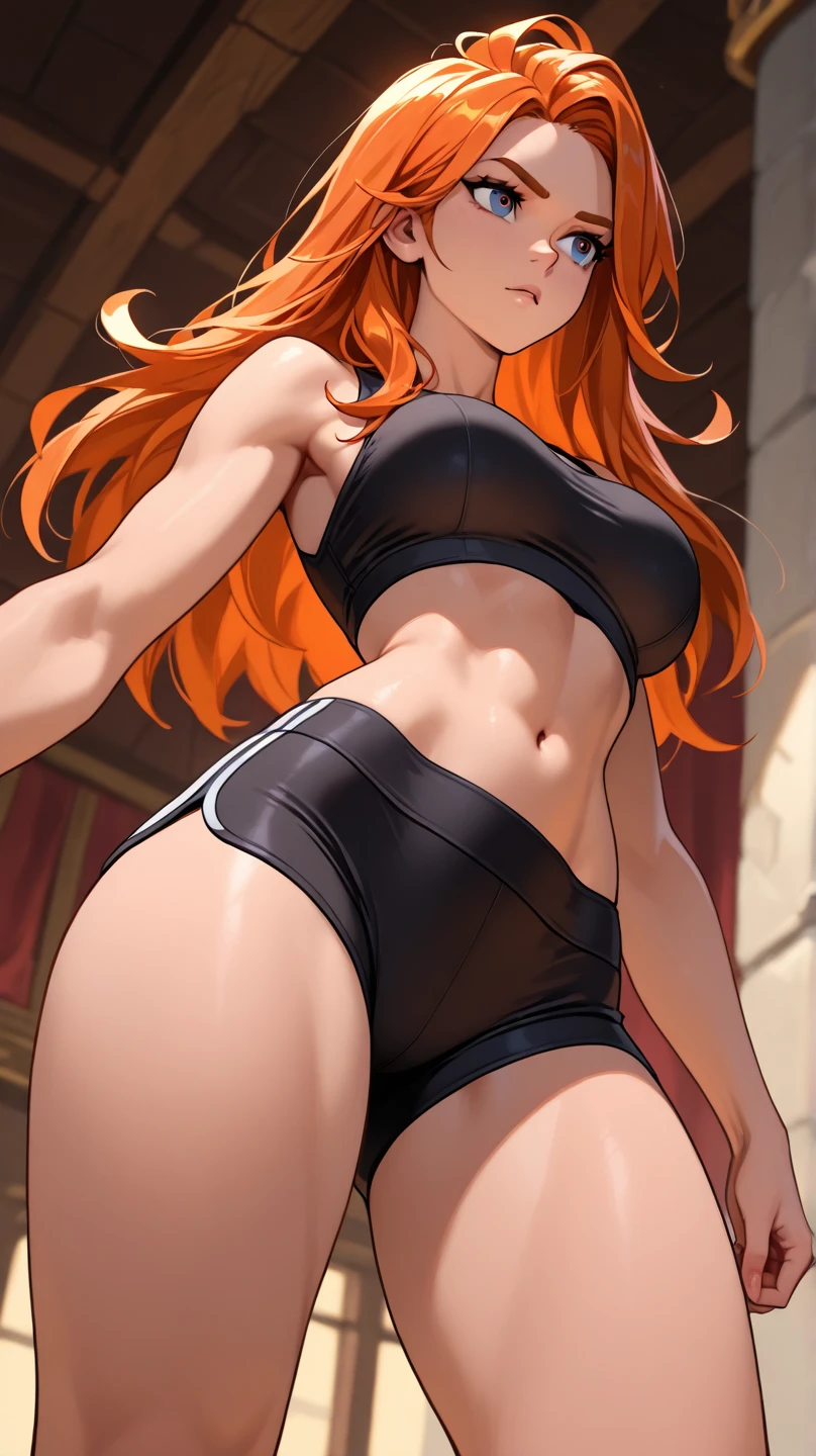 red-pinkish hair, green eyes, long hair, miniskirt, sexy panty, belly free, athletic, sexy outfit, white and black clothes, bondage, 1 girl, kneeling