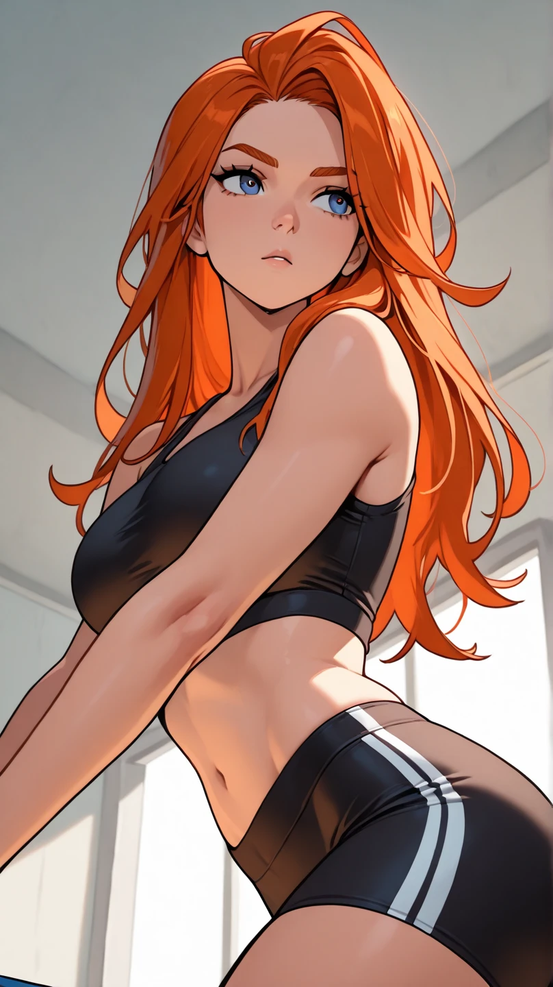 a beautiful 22 years old barefoot, well-endowed woman with blue eyes, shoulderlong orange hair, earrings, wearing a black sportsbra and sportsshorts and glasses, a lot of facial freckles, cheerful.
