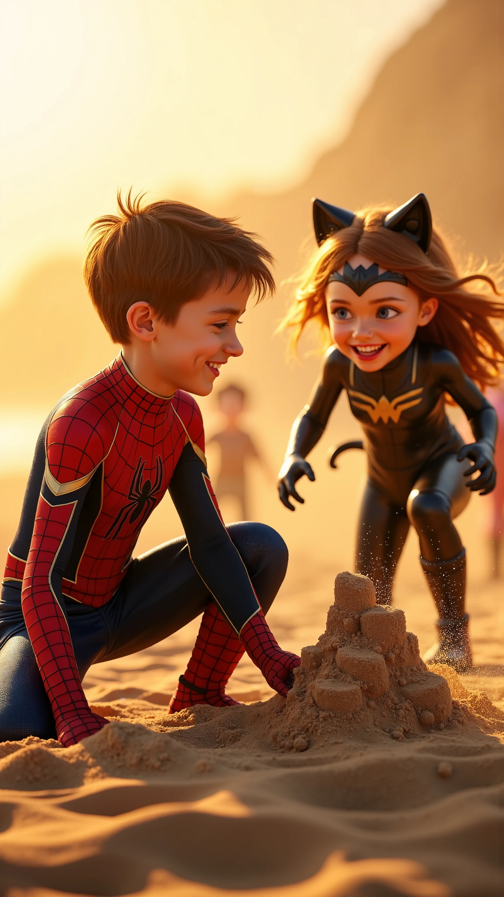 A hyper-realistic, cinematic wide-angle scene of a glowing sandy playground near the beach, under the golden sunset light. In the center: a stylish boy, dressed in a sleek, high-gloss Spider-Man suit — a perfect miniature of an Avenger, red-and-navy with golden trim, smooth textures and flawless fit. His posture is confident and energetic: one knee in the sand, the other foot planted firmly, his small gloved hands sculpting a sand fortress with intensity. His brown tousled hair bursts upward from beneath a half-raised mask, and his face shows extreme focus — lips slightly parted, brows furrowed with joy, blue eyes sparkling with determination.
Next to him, a slim, expressive girl in a glossy black catsuit with feline ears, small claws, and a sleek tail curls behind her. She laughs, caught mid-motion, as she throws a handful of sand upward — glittering golden particles freeze in the sunlight like fireworks. Her hair swirls around her glowing cheeks, and her black boots are buried halfway in the sand.
In the blurry background: other stylized superhero girls dash around — tiny Wonder Woman, mini-Captain Marvel, little Scarlet Witch — all with perfect balance, shiny costumes, wind-blown capes, each frozen in dynamic, joyful motion. Sparkles, glowing dust, and beach toys fly through the air as sunlight pierces through their silhouettes. The entire scene bursts with color: warm orange light, red suits, purple accents, golden reflections, and laughter frozen in hyperreal clarity.
Tags: superhero , golden hour, ultra-glossy suits, beach playground, happy chaos, cinematic lighting, vivid comic energy, childhood superheroes
Tags: teenage superhero love, cinematic glow, glossy suits, golden hour s