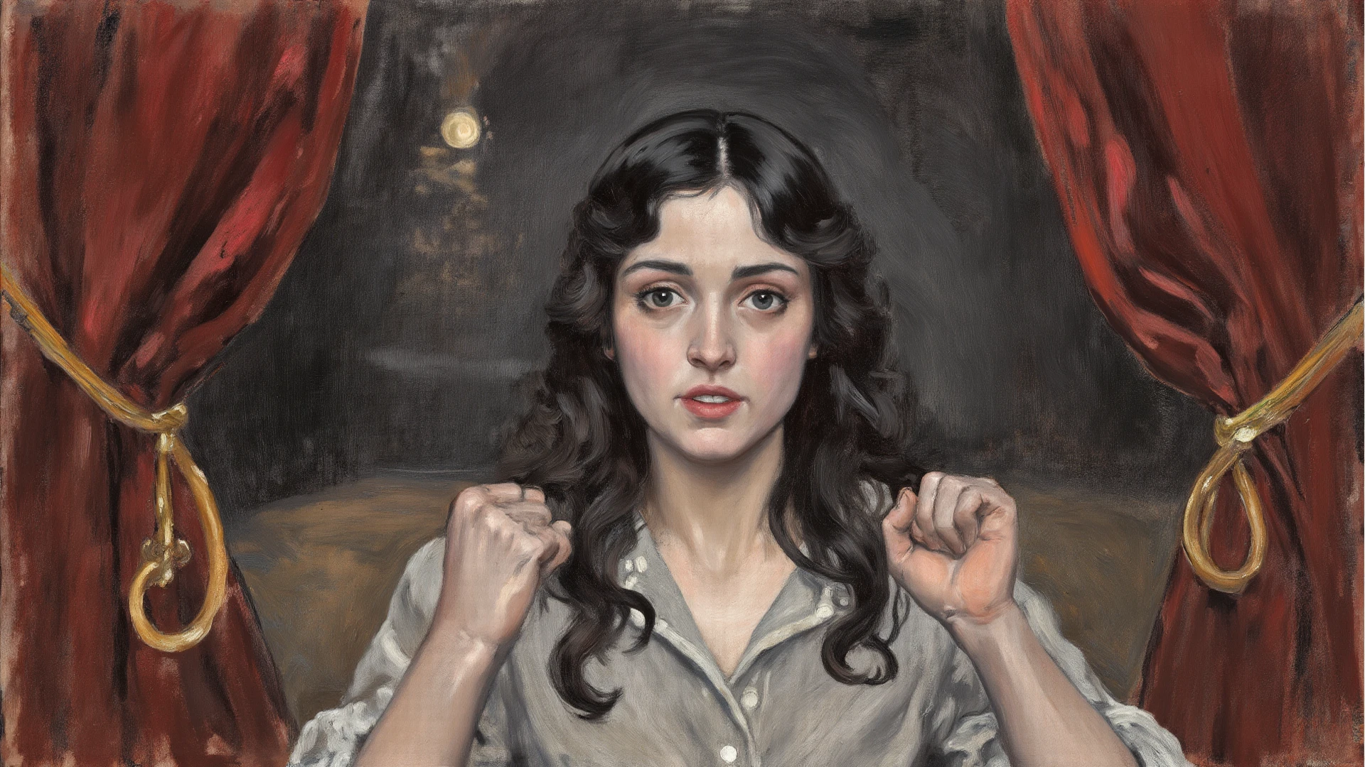 Mary Somerville on her knees, forced oral sex, (oral rape:1.3), Sexual violence, hand on her head, holds her by the hair, (traces of beatings on her body:1.2), torn clothes, Sexual slavery, hellish torment, demon pissing on her face