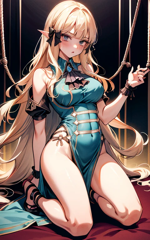 Beautiful 1girl, full body, ager, solo, (very long waist length blonde hair, straight blonde hair: 1.28), ((light blue eyes)), clear skin, (large darker fox ears: 1.35), pale skin, medium breasts, cleavage, (thin hips, thin waist , athletic body: 1.25),  ((sitting bound to a chair with thick rope)), ((rope bondage)), ((arms behind back)), ((fully bound with thick rope)), (restrained tightly), ((helpless)), (wearing a lazy bra panties and ropes: 1.2), masterpiece, best quality,3d rending work ,3DMM style, close-up, portrait, 3D,