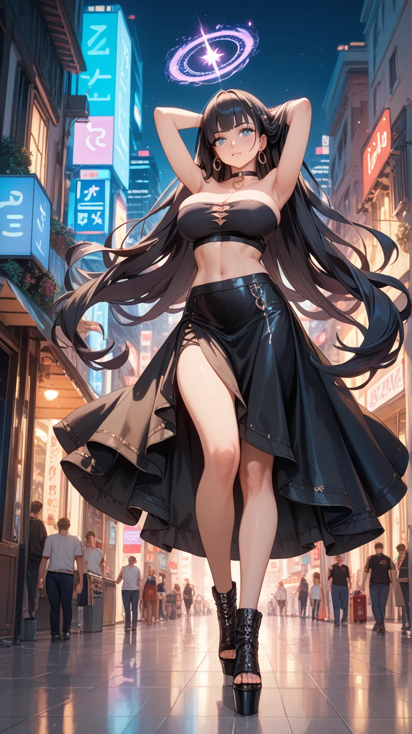 best quality, masterpiece, beautiful fantastical city scape, 1 girl solo, red dress, elegant sexy, femme fatale, long legs, sexy figure
