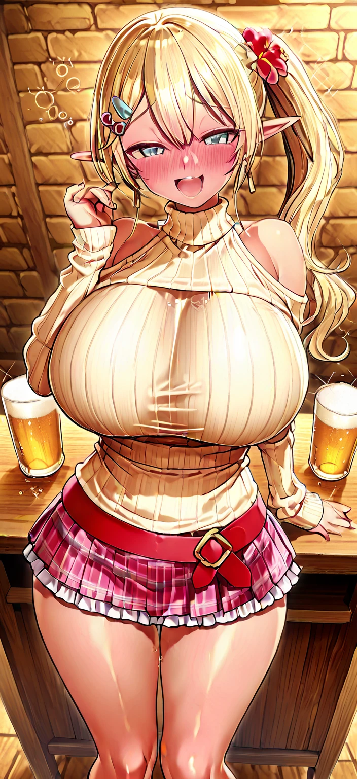 score_9, score_8_up, score_7_up, score_6_up, score_5_up, score_4_up, medieval fantasy barmaid standing at bar in tavern looking at viewer, huge breasts, corset, bursting breasts, blonde hair ,she wears cyan spandex mini top and neon pink leggings, red platform high heels ,