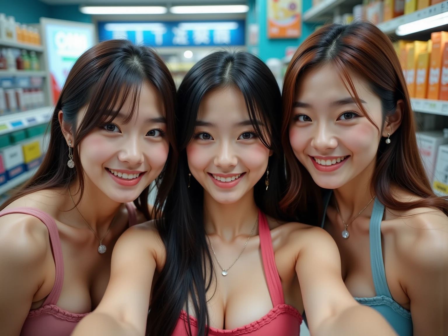Super detailed　super high quality　super high quality　surreal　photograph　three japanese girls　(Each girl has a randomly different hairstyle、different face:1.3) 　happy smile　Fair skin　16 years old　((half-open lips:1.3))　beautiful and soft skin　((Beautifully styled straight short hair))  beautiful and perfect body　very cute　A beautiful and transparent young man々new skin　16 years old　(High school girl wearing a sleeveless shirt) big breasts　whole body　everyday city　busy city　　((night))　viewer&#39;perspective　　Front view　　(big breasts:1.3)   (cleavage)　(amazingly cute girl:1.3)　　(whole bodyポートレート)　