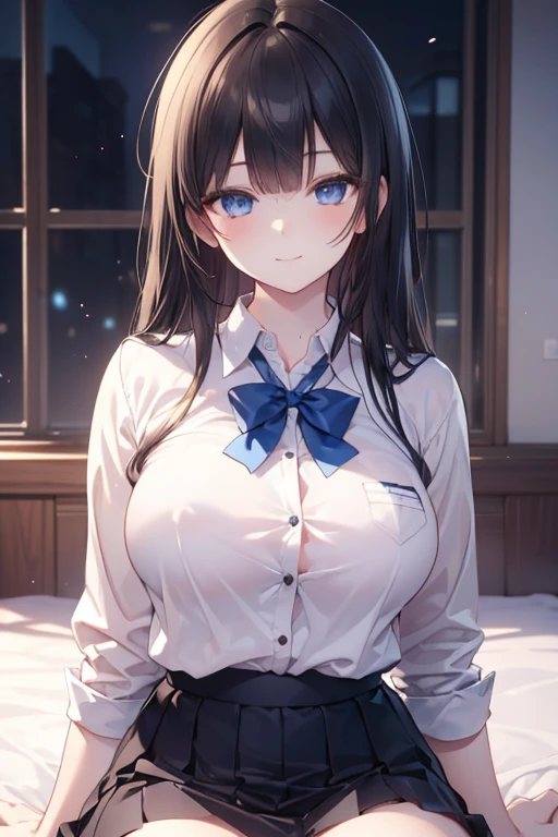 ((Highest quality、High resolution、Ultra detailed face, 8k、masterpiece:1.8))、Dynamic Angle、The whole body is visible、1 girl、Unparalleled beauty、Ultimate beauty、Highly detailed face、Delicate eyes、blue eyes, Loving smile、Sexy look、Lifting his shirt and teasing him, Looking into the camera、Depth of written border、Particles of light、Side light、Long Hair、Brown Hair、White Shirt、Cute Panties, Exposed underboob, Huge breasts, slim、thin、blush、Sweat