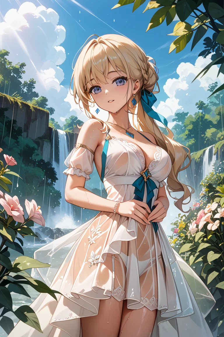 (best quality,4k,highres,masterpiece:1.2),ultra-detailed,(realistic:1.37),portrait,girl in white dress,blonde hair,curvy figure,beautiful face,long pink eyes standing by a pink lake,lush greenery,reflections on the water,ethereal light shining on her.