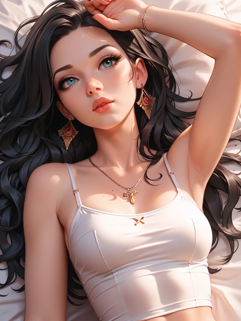 beautiful detailed eyes, beautiful detailed lips, extremely detailed eyes and face, long eyelashes,70 years old woman,  woman, beautiful woman, long black waist-length hair, large green eyes, large breasts, standing next to bed, (best quality,4k,8k,highres,masterpiece:1.2),ultra-detailed,(realistic,photorealistic,photo-realistic:1.37),portrait,realism,warm colors,dramatic lighting