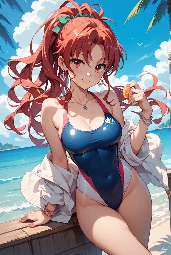 an anime girl is seen in the video of her showing her chest, 1girl, outdoors, swimsuit, solo, bikini, braid, striped bikini, striped, day, string bikini, breasts, navel, side-tie bikini bottom, red hair, purple eyes, stomach, looking at viewer, beach, medium breasts, sky, cloud, hair ornament, cowboy shot, palm tree, tree, ahoge, halterneck, bare shoulders, ocean, very long hair, sunlight,meakurosaki, red hair, blue eyes, braid, braided ponytail, short hair with long locks, ahoge