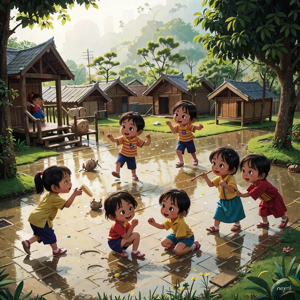 Illustrate .Scene 1: The Rain DanceSetting: A lush, green Indian village in the hills, surrounded by trees and small houses. The sky is dark with rain clouds, and rain is pouring down, creating puddles everywhere.Characters: A group of children, including Meena, are dancing joyfully in the rain. Meena is a young girl with long black hair tied in a ponytail. She’s wearing a colorful dress that is slightly wet from the rain.Details: The children are jumping in puddles, spinning around, and holding hands as they dance. They are all smiling and laughing, showing the happiness of playing in the rain. Some have their arms outstretched to feel the raindrops. Water splashes up from the puddles around their feet. The top view from distance of the whole village
Anime cartoon digital illustration