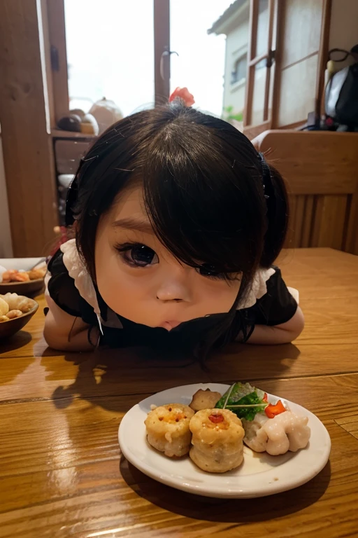 A big-eyed,Smiling little girl sitting at the dining table,Looking at the table in front of him was a round white porcelain plate,Vegetables are served on the plate,Shrimp on top,The background is a window,sea view outside the window