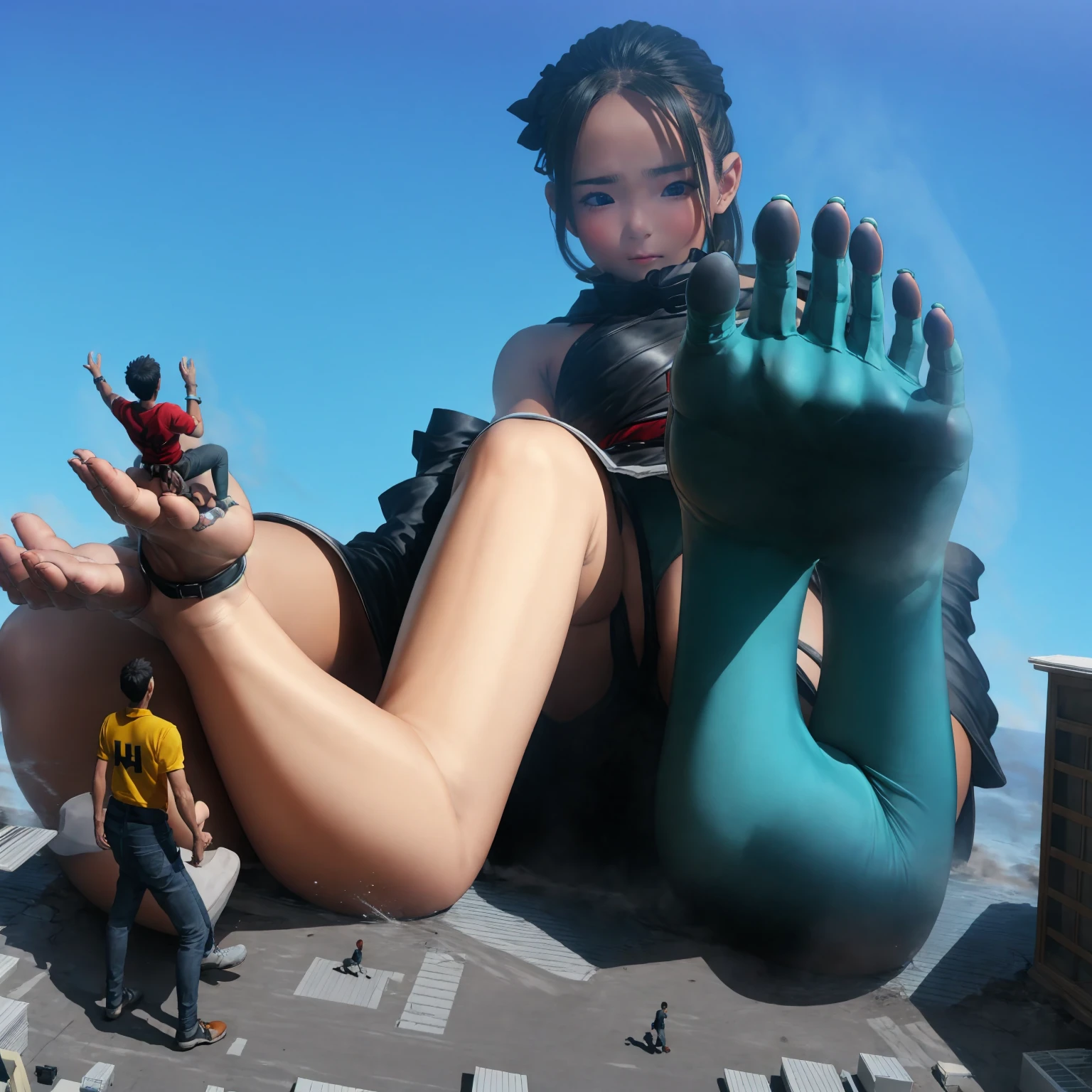 A giantess suddenly appears in the bustling city, her towering figure reaching into the clouds like a moving skyscraper. She is described as a mature woman, a giant woman, a titan woman, with a busty figure, huge breasts, thick thighs, and a perfect body. She is adorned with a deep cleavage, dressed in a manner befitting a superwoman, including underwear and attire that one would associate with a superwoman, such as pantyhose, garter belt pantyhose, and open-toe sandals. With her blonde hair, she presents an imposing yet captivating image.
People will try to escape from under the giantess's feet as quickly as possible. Emergency service personnel will organize evacuations and guide people to safe areas. At the same time, there may be volunteers and rescue teams on the scene to assist those who are injured.