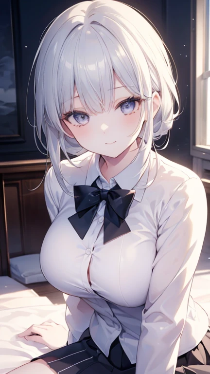 (best quality:1.2), (ultra detailed:1.2),(masterpiece:1.2),(8k:1.2),(Blessed,Captivating body、Ultra detailed hands、Ultra-detailed eyes、Ultra-detailed skin、ultra-detailed face,Detailed Background),One Girl、((white dress shirt, naked shirt,cleavage ,open shirts,large shirts,no panties,bottomless,)),(ecstasy, aroused:1.5), ccnoel, short hair, french braid, hair ribbon, green eyes