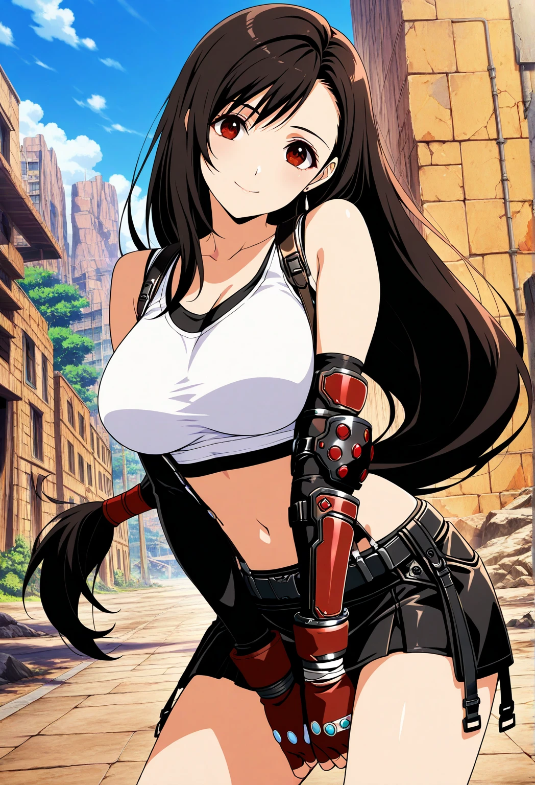 score_9, score_8_up, score_7_up, ,(side_view,side pose), (breast focus),top angle,standing,straight-on,perfect composition,(mediumshot:1),looking_at_viewer ,Solo,1girl, tifa lockhart, final fantasy,(beautiful woman:1.2).make up,lips,black hair, low-tied long hair, red eyes, bangs, white tank top,(short tank top:1.2), belt, pleated skirt, thighhighs, elbow fingerless gloves, elbow pads, midriff, navel,suspender skirt.zettai ryouiki ,(large_breasts),light smile,,slender_waist, ,(daytime and slum town),(masterpeace),(best quality),(aesthetic,very aesthetic),(highly detailed),hdr,(anime style),
